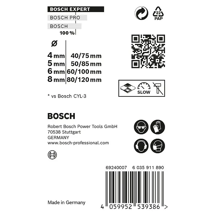 Bosch Expert Universalbohrer CYL-9 - Durchmesser Bohrer: 8 mm - Etikett der Bosch-Expert Bohrer-Verpackung mit Größenangaben, Firmeninformationen und Sicherheitsvorkehrungen.