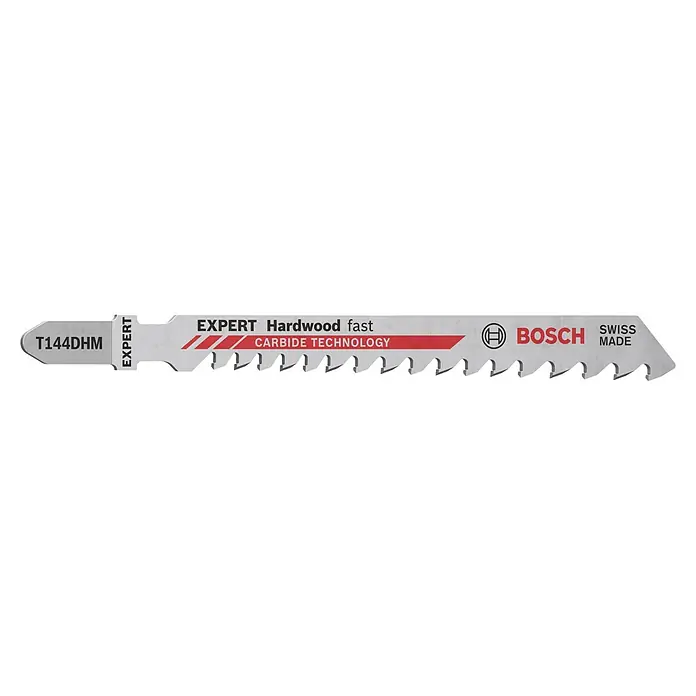 Bosch Hoja de sierra de calar T144DHM - Materiales de madera abrasivos, Vástago en T - Hoja de sierra de calar Bosch EXPERT Hardwood fast T144DHM con tecnología de carburo y marca Swiss Made para corte rápido en madera dura.