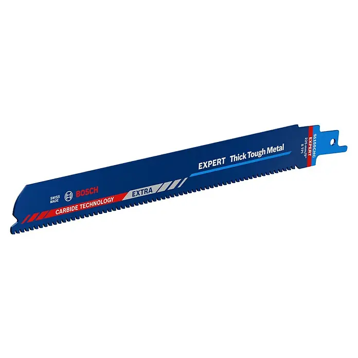Bosch Expert Hoja de sierra de sable Thick Tough Metal - Largo: 225 mm - La imagen muestra una hoja de sierra alternativa azul Bosch Expert para metal grueso y resistente con Carbide Technology y Extra, perfecta para profesionales.