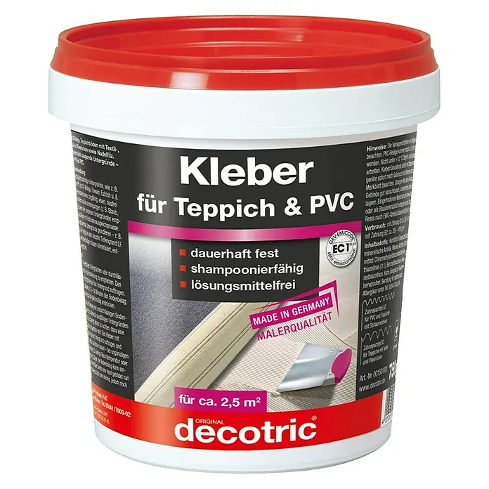 Decotric Bodenbelagskleber - 750 g, Gebrauchsfertig - Kleber für Teppich & PVC von Decotric im Eimer mit rotem Deckel. Ideal zum Verlegen von Teppichen und PVC-Böden, dauerhaft fest.