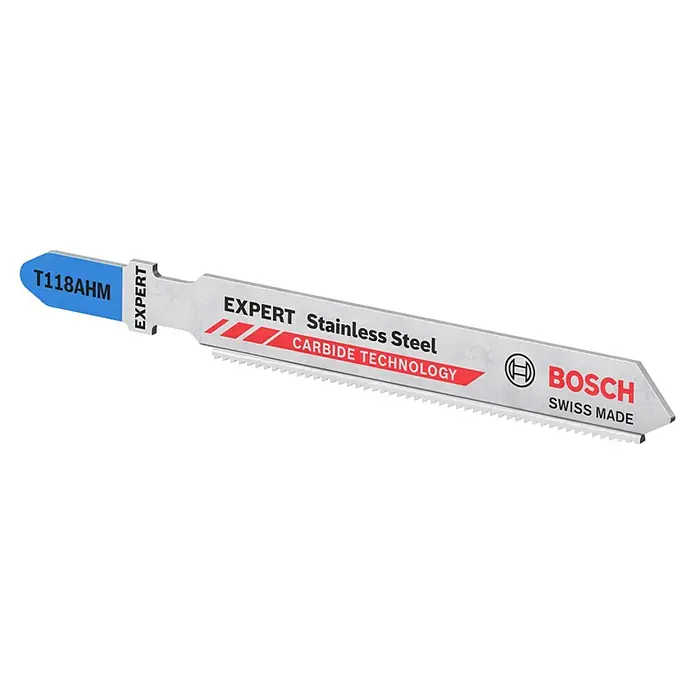 Bosch Expert Stichsägeblatt Stainless Steel T 118 AHM - Edelstahlbleche, T-Schaft - Das Bild zeigt ein Stichsägeblatt Bosch EXPERT T118AHM für Edelstahl mit Carbide Technology und Schweizer Qualität.