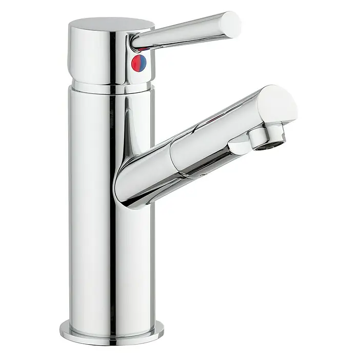 Camargue Merida Waschtischarmatur - Niederdruck, Chrom, Matt - Nahaufnahme einer glänzenden Chrom-Waschtischarmatur mit Hebel und Temperaturanzeige für ein modernes Badezimmerdesign.