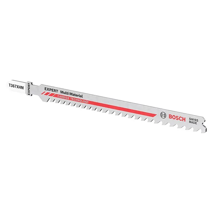Bosch Expert Stichsägeblatt Multi Material T 367 XHM - Holz/Metall/Kunststoff, T-Schaft - Das Bild zeigt ein Bosch Expert T367XHM Stichsägeblatt, ideal für verschiedene Materialien dank Carbide Technology und Schweizer Qualität.