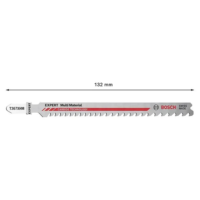 Bosch Expert Stichsägeblatt Multi Material T 367 XHM - Holz/Metall/Kunststoff, T-Schaft - Bild einer Bosch EXPERT T367XHM Stichsäge für verschiedene Materialien mit Carbide Technology und einer Länge von 132 mm.