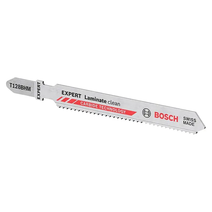 Bosch Hoja metálica dentada Laminate Clean - Vástago en T - La imagen muestra una hoja de sierra de calar Bosch Expert T128BHM, ideal para cortes limpios en laminado con Carbide Technology, Swiss Made.