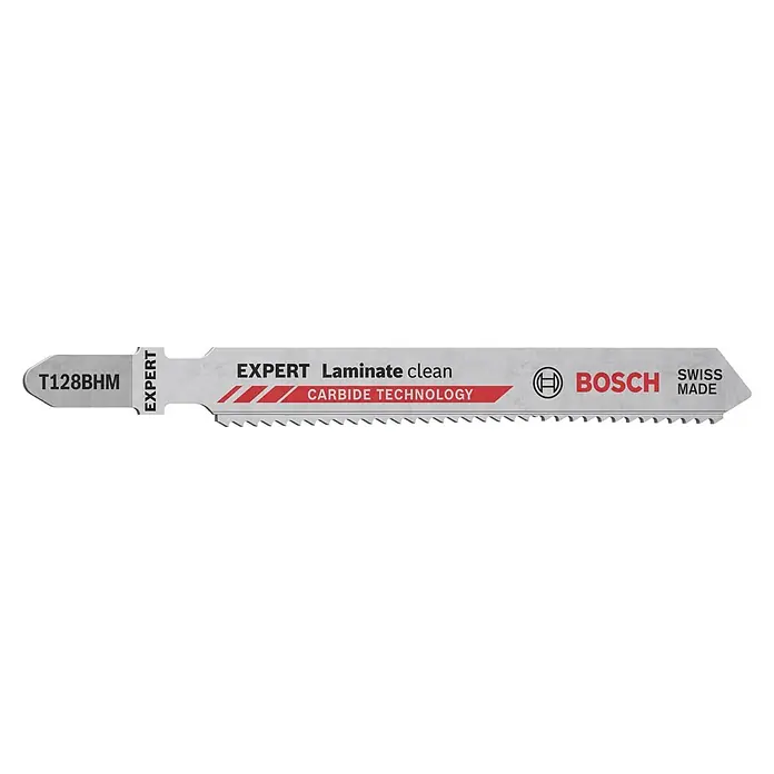 Bosch Hoja metálica dentada Laminate Clean - Vástago en T - Hoja de sierra de calar Bosch EXPERT Laminate clean T128BHM, ideal para cortes limpios en laminado gracias a la tecnología Carbide. Calidad Swiss Made.