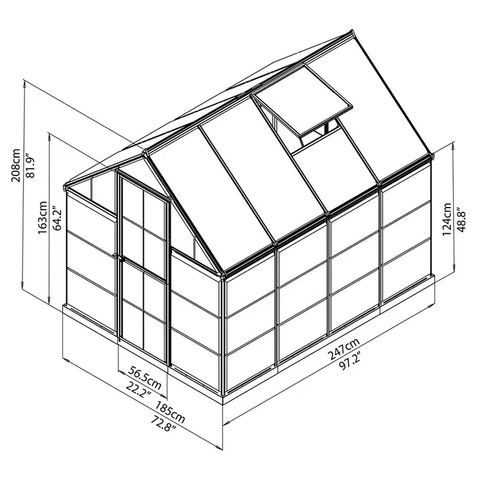 Palram – Canopia Gewächshaus Hybrid - Außenmaß inkl. Dachüberstand (B x T): 185 x 247 cm, 0,75 mm, Grün - Eine perspektivische Darstellung eines Gewächshauses mit Maßangaben in Zentimetern und Zoll, die seine Abmessungen hervorheben.