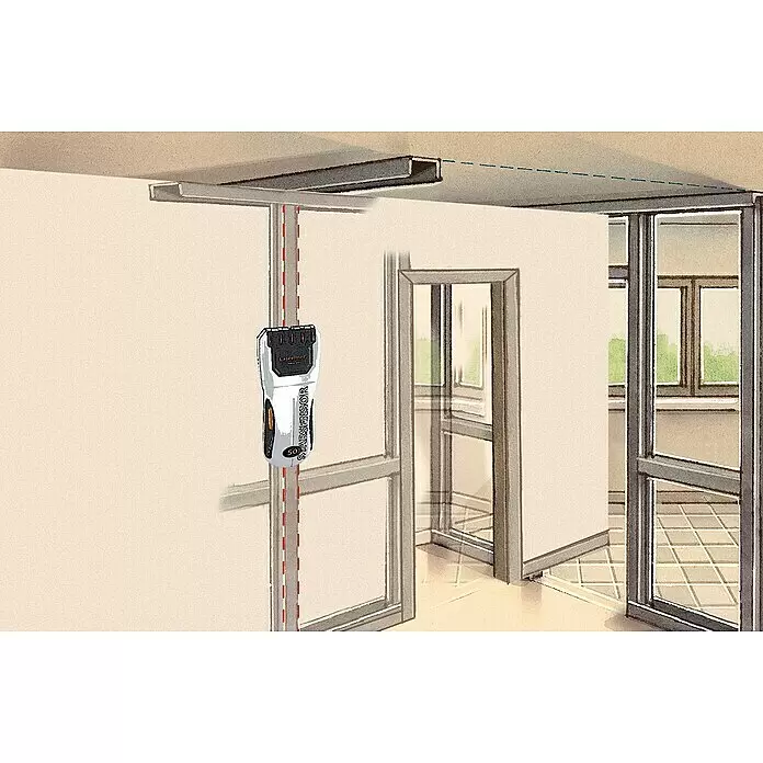 Laserliner Ortungsgerät StarSensor 50 - Geeignet für: Aufspüren von spannungsführenden Leitungen, Holz und Metall, Erfassungstiefe: Max. 20 mm spannungsführende Leitungen - Weiß-schwarzer Wandscanner erkennt einen vertikalen Ständer, ein Laserpegel projiziert eine horizontale Linie an die Decke.