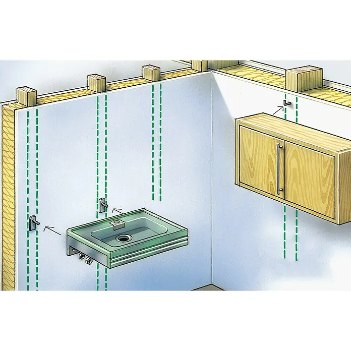 Laserliner Ortungsgerät StarSensor 150 - Geeignet für: Aufspüren von spannungsführenden Leitungen, Holz und Metall, Erfassungstiefe: Max. 40 mm Holz/Metall - Eine Badezimmerinstallation zeigt einen Waschbecken und einen Schrank, die sicher an der Wand befestigt sind, und unterstreicht eine stabile Montage.