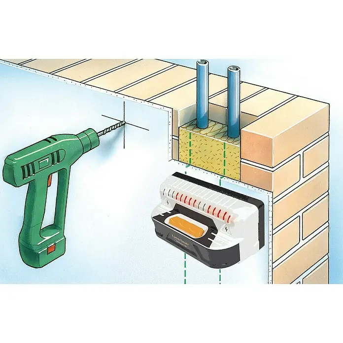Laserliner Ortungsgerät StarSensor 150 - Geeignet für: Aufspüren von spannungsführenden Leitungen, Holz und Metall, Erfassungstiefe: Max. 40 mm Holz/Metall - Illustration eines Mauerwerks mit Bohrmaschine und Laserliner-Messgerät zur Wandinspektion, ideal für Bau- und Renovierungsprojekte.