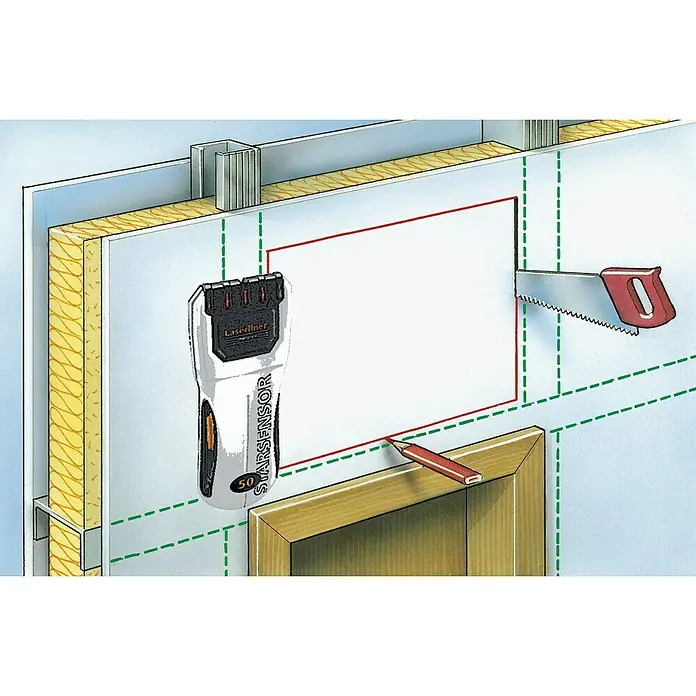 Laserliner Ortungsgerät StarSensor 50 - Geeignet für: Aufspüren von spannungsführenden Leitungen, Holz und Metall, Erfassungstiefe: Max. 20 mm spannungsführende Leitungen - Schemazeichnung mit einem Lasersensor, einer Säge und einem Bleistift, die an einer Wand mit Metallstützen und Isolierung arbeiten.