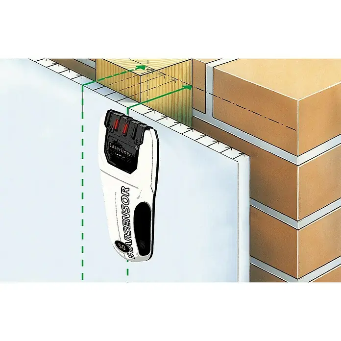 Laserliner Ortungsgerät StarSensor 50 - Geeignet für: Aufspüren von spannungsführenden Leitungen, Holz und Metall, Erfassungstiefe: Max. 20 mm spannungsführende Leitungen - Nahaufnahme eines StarSensor 50 Laserliner Werkzeugs, das an einer Wand befestigt ist, mit Fokus auf die Funktionalität.