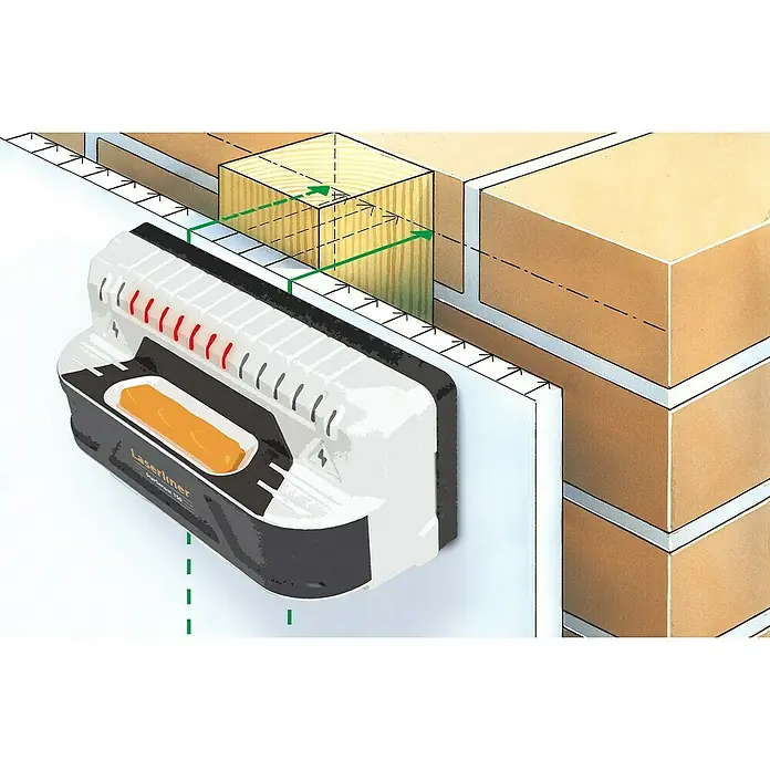 Laserliner Ortungsgerät StarSensor 150 - Geeignet für: Aufspüren von spannungsführenden Leitungen, Holz und Metall, Erfassungstiefe: Max. 40 mm Holz/Metall - Illustration eines Laserliner-Geräts zum Ausrichten an einer Wand, das eine einfache und präzise Installation ermöglicht.