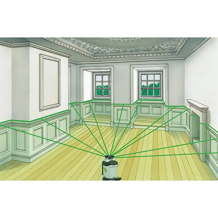 Laserliner Kreuzlinienlaser SmartLine G360 - Funktionen: 360 °-Laserlinie, Laserdiode: 515 Nm - Illustration eines Raumes mit einem Laser-Nivelliergerät, das grüne Linien an die Wände projiziert, um bei der Installation von Paneelen zu helfen.