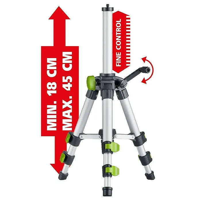 Laserliner Kreuzlinienlaser EasyCross Work - Messbereich: 0,05 - 40 m - Bild eines verstellbaren Stativs mit einer minimalen Höhe von 18 cm und einer maximalen Höhe von 45 cm für präzise Nivellierung.