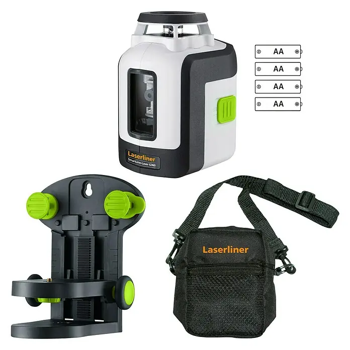 Laserliner Kreuzlinienlaser SmartLine G360 - Funktionen: 360 °-Laserlinie, Laserdiode: 515 Nm - Das Laserliner SmartLine-Laser G360 Set mit Zubehör wie Batterien, Halterung und Tasche. Das Set ist ideal für präzise Nivellierarbeiten.
