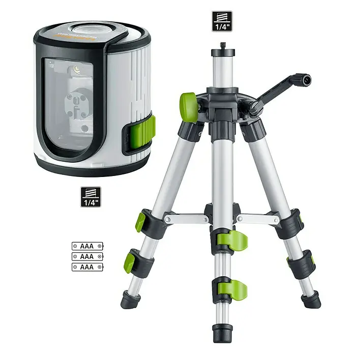 Laserliner Kreuzlinienlaser EasyCross Work - Messbereich: 0,05 - 40 m - Abbildung eines Kreuzlinienlasers mit Stativ, ideal für präzise Nivellierarbeiten und Ausrichtung im Innenbereich.