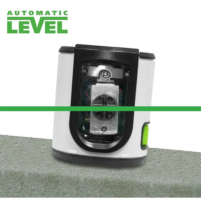 Laserliner Kreuzlinienlaser EasyCross Work - Messbereich: 0,05 - 40 m - Bild eines automatischen Laser-Nivelliergeräts mit grüner Laserlinie, das auf einer Betonoberfläche steht.
