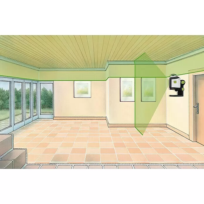 Laserliner Kreuzlinienlaser SmartLine G360 - Funktionen: 360 °-Laserlinie, Laserdiode: 515 Nm - Schwarz-weiße Laserwasserwaage an der Wand, die helle grüne horizontale und vertikale Laserlinien zur präzisen Raumausrichtung projiziert.