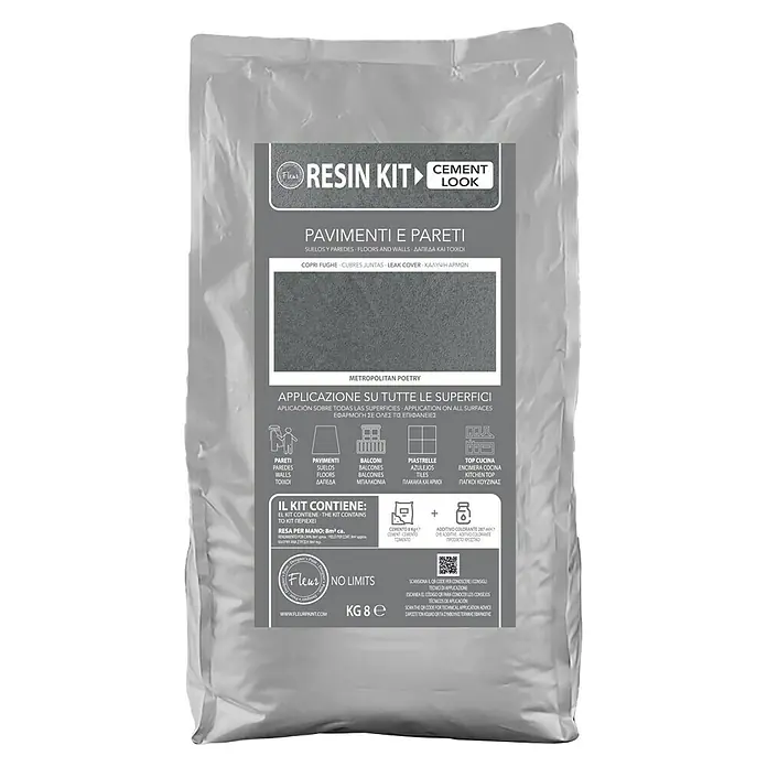 Fleur Kit Microcemento - Metro Poet, 8 kg - Imagen de un paquete "Fleur Resin Kit Cement Look", un conjunto completo para tratamientos superficiales tipo cemento.