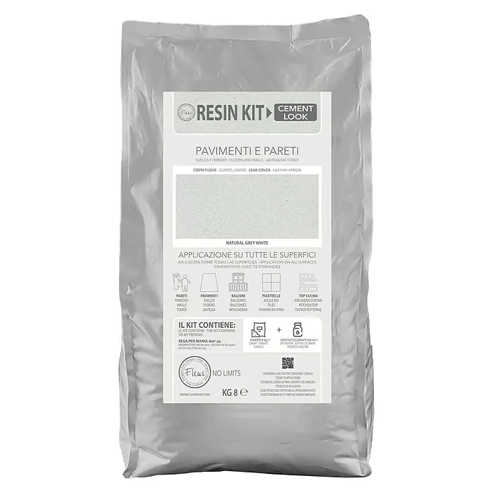 Fleur Kit Microcemento - Grey White, 8 kg - Imagen del producto "Fleur Resin Kit Cement Look", un kit para crear superficies con aspecto de cemento, ideal para suelos y paredes.