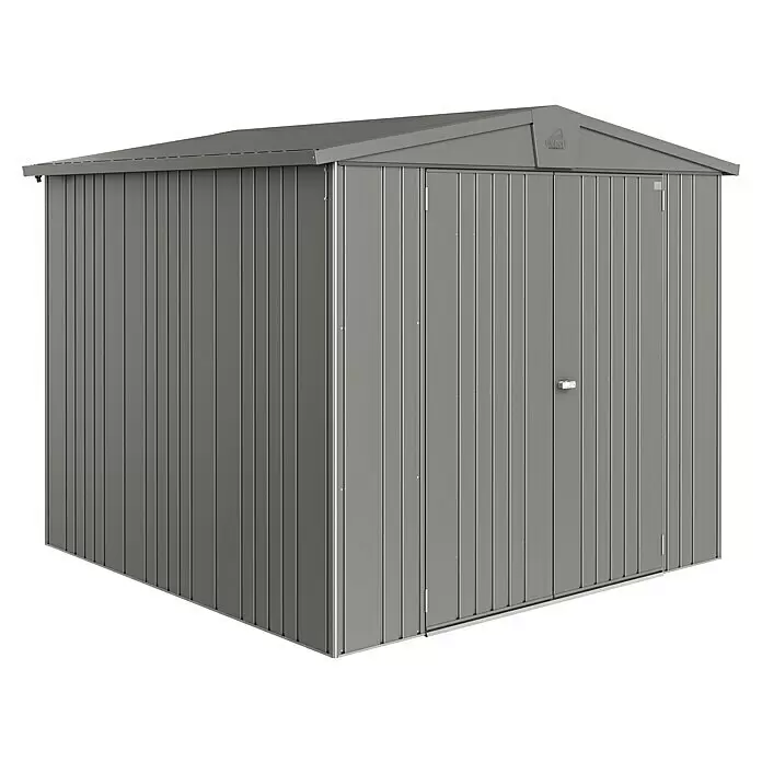 Biohort Europa Gerätehaus Europa Gr. 4 - Außenbreite inkl. Dachüberstand: 244 cm, Außentiefe inkl. Dachüberstand: 228 cm, Stahl, Quarzgrau - Diagonale Ansicht