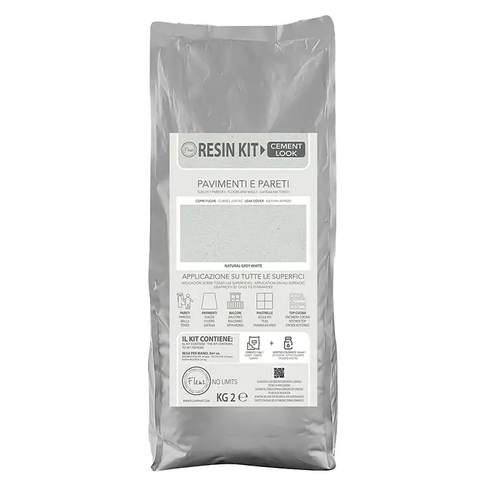 Fleur Kit Microcemento - Grey White, 2 kg - Bolsa de Resin Kit Cement Look para suelos y paredes, blanco gris natural, 2 kg.