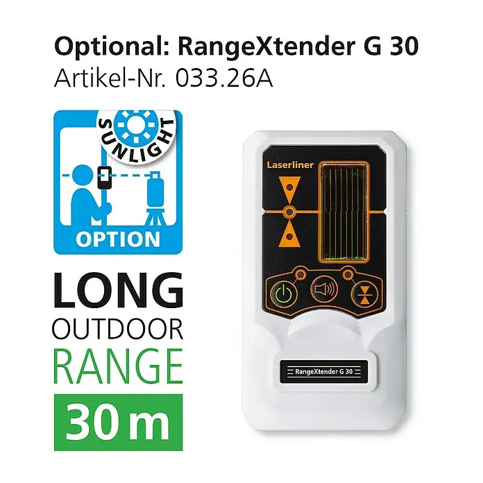 Laserliner Kreuzlinienlaser SmartLine G360 - Funktionen: 360 °-Laserlinie, Laserdiode: 515 Nm - Bild eines RangeXtender G 30, einem optionalen Zubehör mit einer Reichweite von 30 Metern für den Außenbereich, Artikel-Nr. 033.26A.