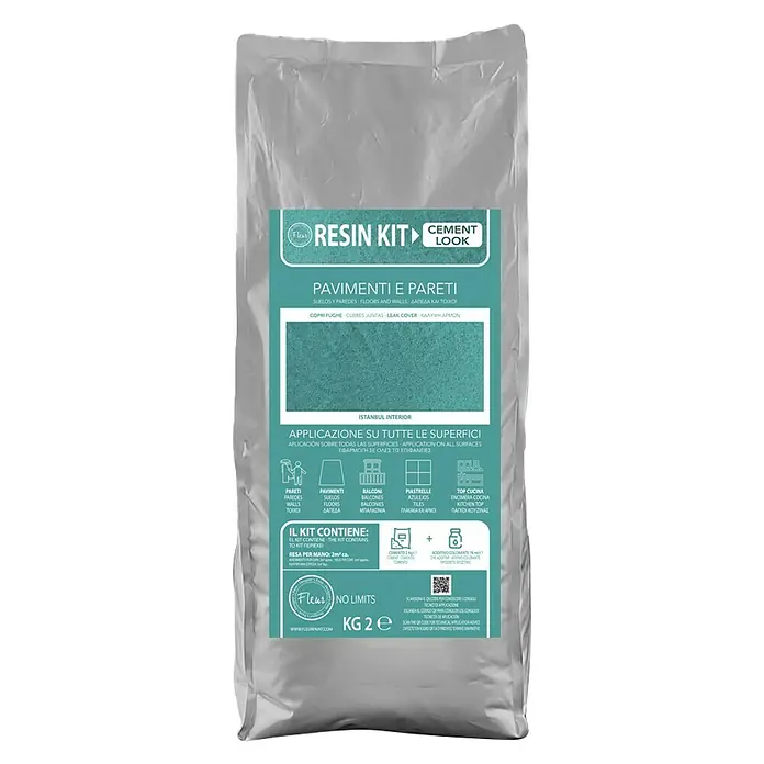 Fleur Kit Microcemento - Istanbul, 2 kg - Un paquete de "Fleur Resin Kit Cement Look" para suelos y paredes. Ideal para crear superficies con aspecto de cemento.
