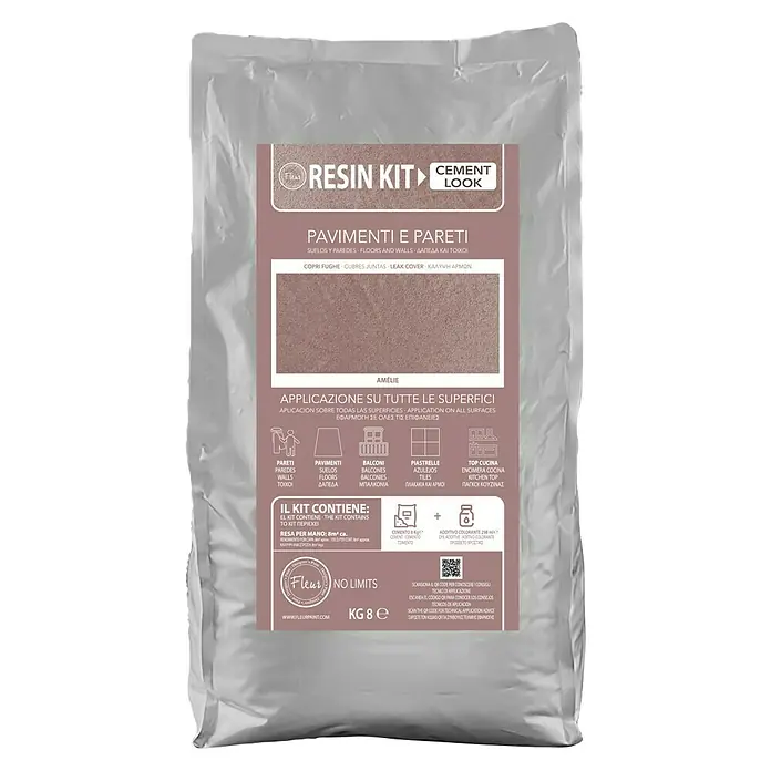 Fleur Kit Microcemento - Amelie, 8 kg - Primer plano de una bolsa de Fleur Resin Kit Cement Look.