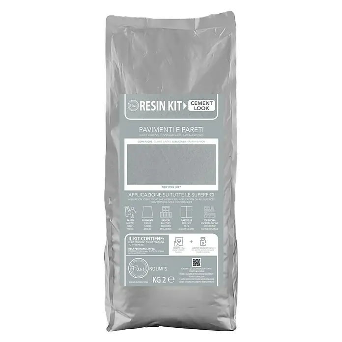Fleur Kit Microcemento - New York, 2 kg - Imagen de un paquete de "Fleur Resin Kit Cement Look" para suelos y paredes.