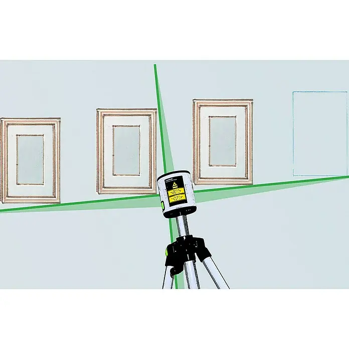 Laserliner Kreuzlinienlaser EasyCross Work - Messbereich: 0,05 - 40 m - Laser-Wasserwaage mit Stativ und grünen Laserstrahlen, die verwendet wird, um Bilderrahmen an einer Wand auszurichten. Präzision beim Aufhängen.