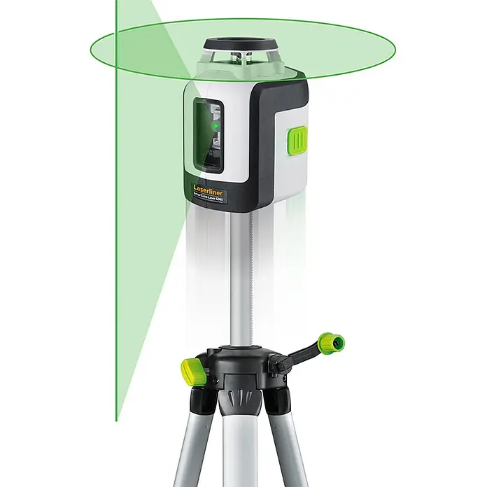 Laserliner Kreuzlinienlaser SmartLine G360 - Funktionen: 360 °-Laserlinie, Laserdiode: 515 Nm - Das Bild zeigt einen Laserliner SmartPlane-Laser G360 Linienlaser, der auf einem Stativ montiert ist und grüne Laserlinien projiziert.