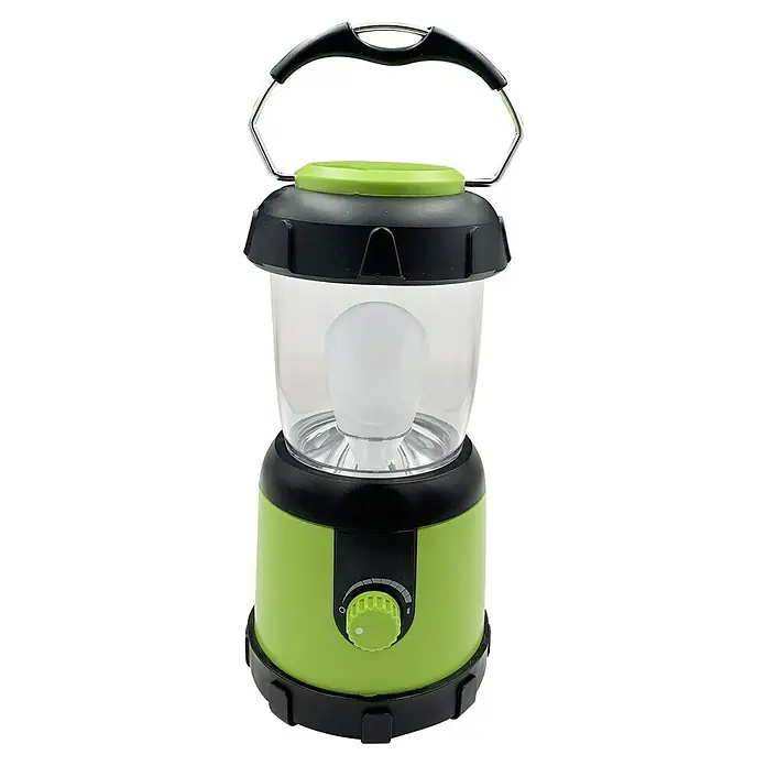 Campinglampe - 200 lm, 3 W - Grüne Laterne mit schwarzem Griff und Drehknopf zur Helligkeitsregulierung. Ideal für Camping oder als Notlicht.