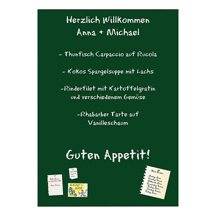 Magnetische Tafelfolie - Grün, 70 x 50 cm, Inkl. 3 Magnete und 3 Stück Kreide - Menütafel mit den Worten "Herzlich Willkommen Anna + Michael" und den Menüpunkten.
