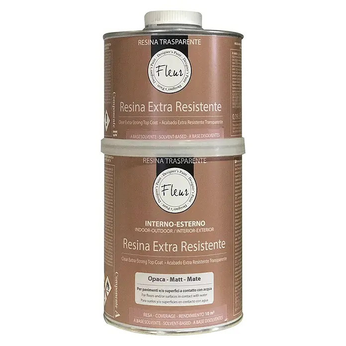 Fleur Barniz de resina sintética extra opaca A+B - Mate, 1 l - Dos latas de barniz Fleur Resina Trasparente extra resistente, para interiores y exteriores, con fórmula a base de solvente.