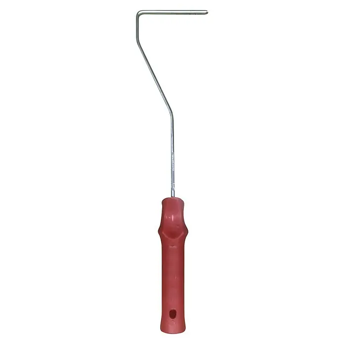 Fleur Mango para rodillo - 10 cm, Rojo - Primer plano de un aplicador de pintura, con un mango rojo y un marco metálico curvado, diseñado para una aplicación precisa de la pintura en superficies.