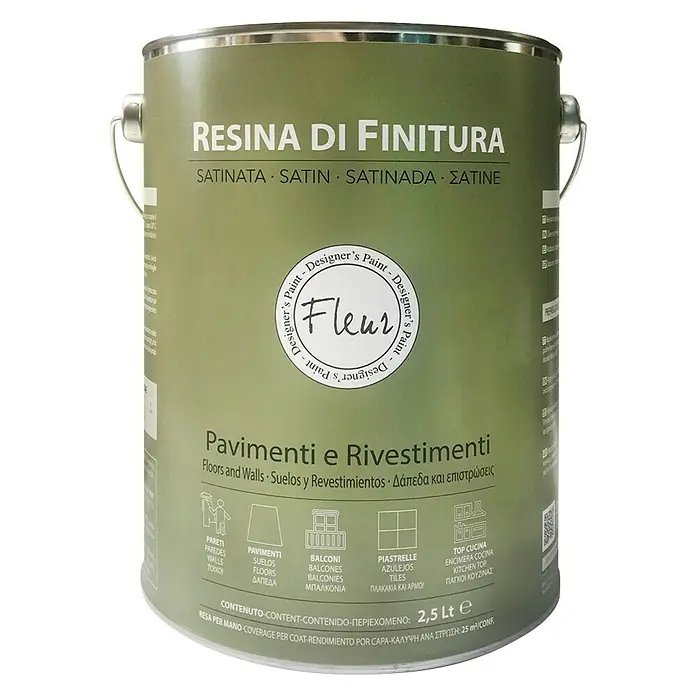 Fleur Sellador de resina Di Finitura Satinada - Transparente, 2,5 l, Satinado - Bote de Fleur Resina di Finitura, una resina satinada de alta calidad para suelos, paredes y azulejos, ideal para interiores.