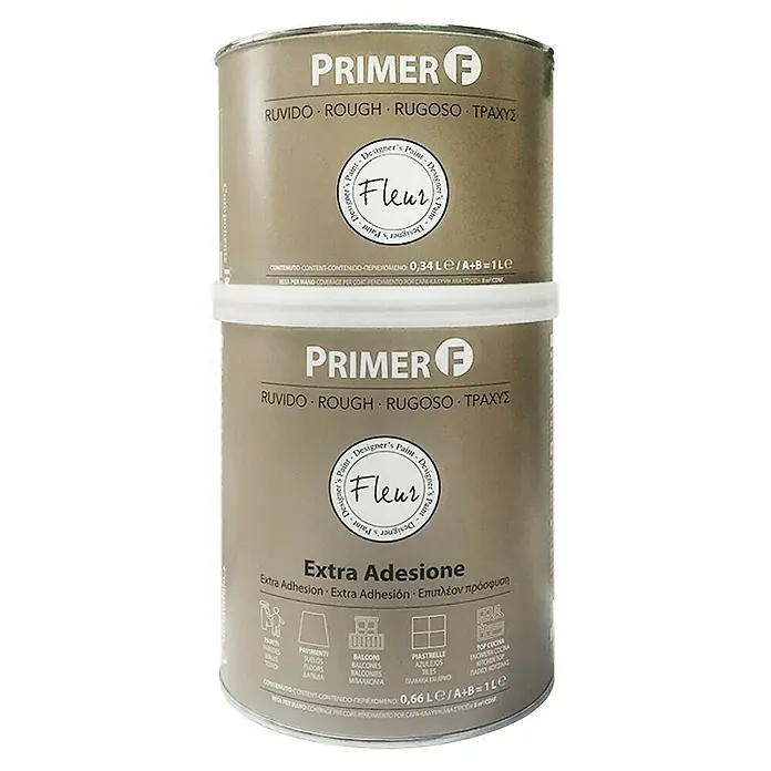 Fleur Imprimación Primer F A+B - Gris, 1 l - Dos latas de Fleur Primer F, una para superficies rugosas y otra para extra adherencia, ideales para varios sustratos.