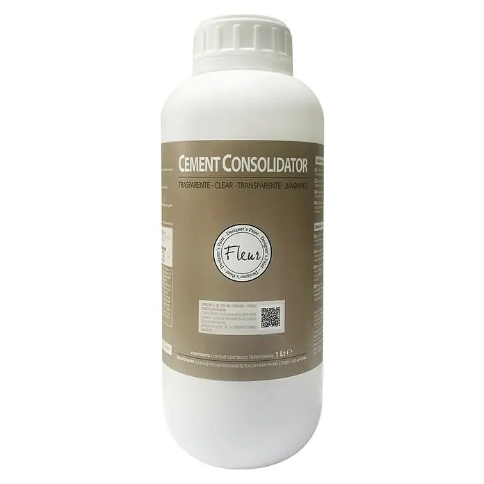Fleur Imprimación consolidante - Incoloro, 1 l - Botella blanca de consolidante de cemento "Fleur" etiquetada como "Transparente" para construcción y renovación.