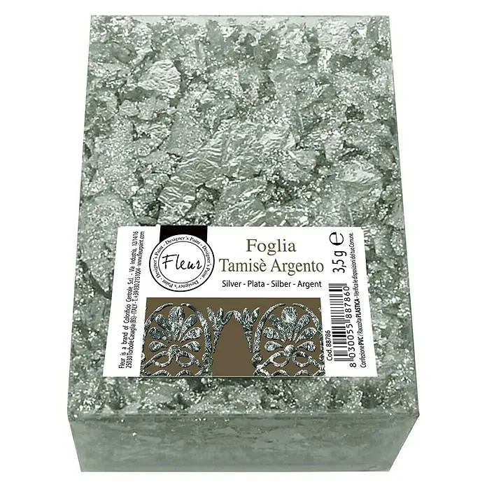 Fleur Barra pan metálico - Plateado - Paquete de hoja de plata "Foglia Tamisè Argento", ideal para proyectos creativos y embellecimiento de superficies.