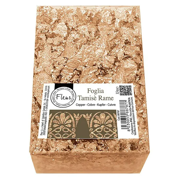 Fleur Barra pan metálico - Cobre - Hojuelas de cobre "Foglia Tamisè Rame" de Fleur, ideales para añadir brillo metálico a proyectos artísticos. Paquete de 35g.