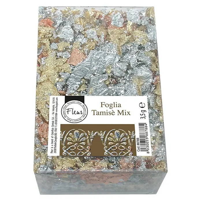 Fleur Barra pan metálico - Mix colores - Imagen del producto Fleur Tamisè Mix, una mezcla de hojas de oro, plata y cobre, ideal para proyectos creativos y decoraciones.