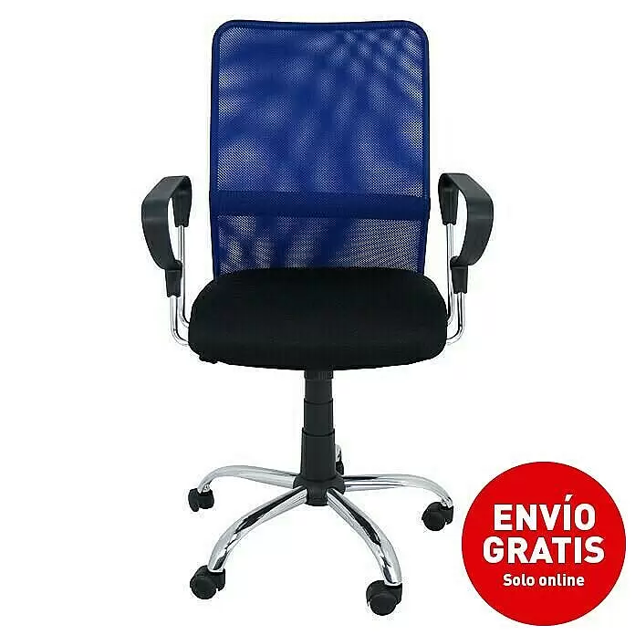 Silla de oficina Helena - Azul, Reposabrazos - Silla de oficina de malla azul con asiento de tela negro, reposabrazos negros y base de estrella cromada con ruedas.