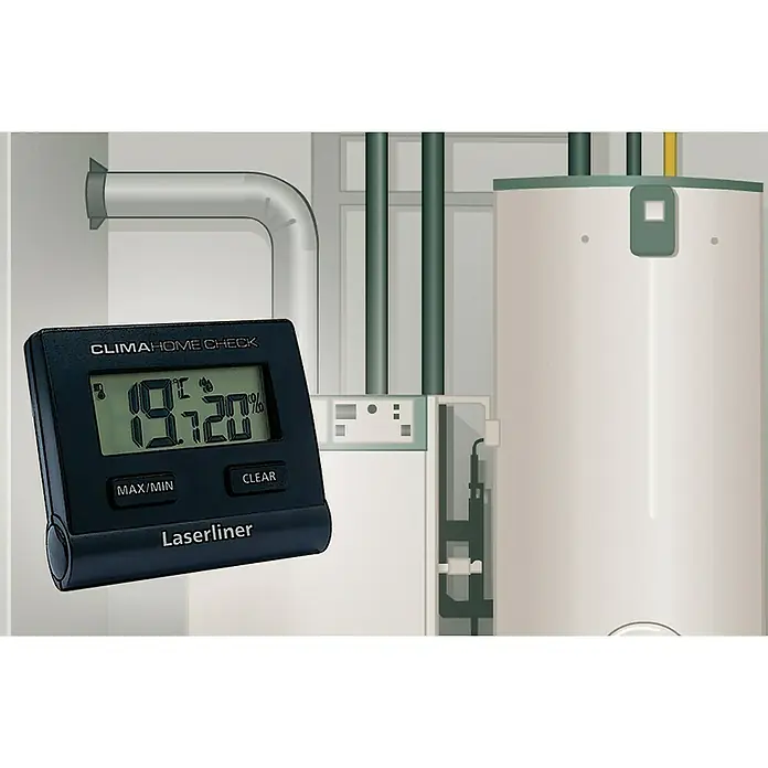 Laserliner Digitales Thermo-Hygrometer ClimaHome-Check - Schwarz, Breite: 66 mm - Das Bild zeigt ein digitales CLIMA HOME CHECK Thermometer von Laserliner, das eine Temperatur von 19.7°C und 20% Luftfeuchtigkeit anzeigt.