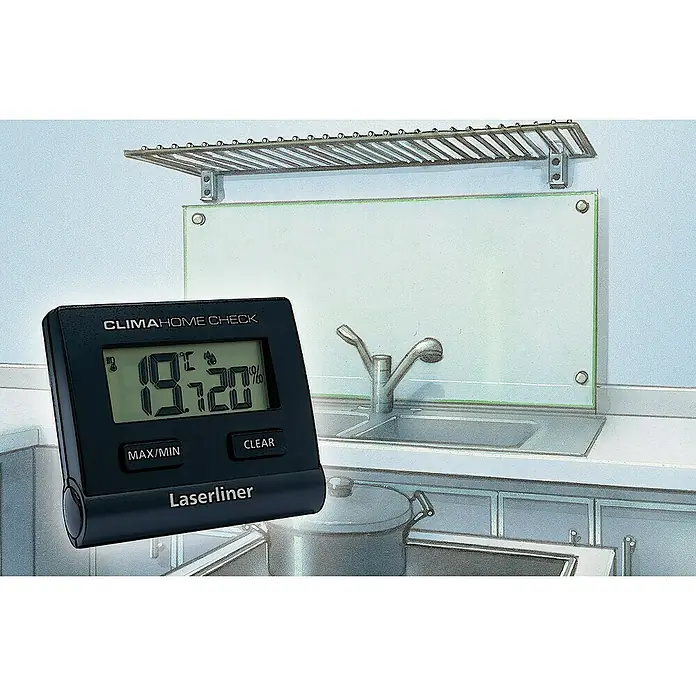 Laserliner Digitales Thermo-Hygrometer ClimaHome-Check - Schwarz, Breite: 66 mm - Nahaufnahme eines Laseliner Clima Home Check Geräts, das 19,1 °C und 20 % Luftfeuchtigkeit anzeigt, vor einem Spülbecken.