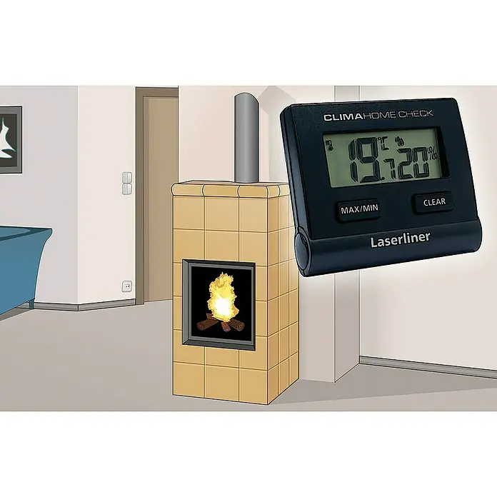 Laserliner Digitales Thermo-Hygrometer ClimaHome-Check - Schwarz, Breite: 66 mm - Abbildung eines Lasliner-Thermo-Hygrometers CLIMA HOME CHECK mit einer Kaminabbildung. Das Thermometer zeigt 19,2 Grad und 20% Luftfeuchtigkeit.