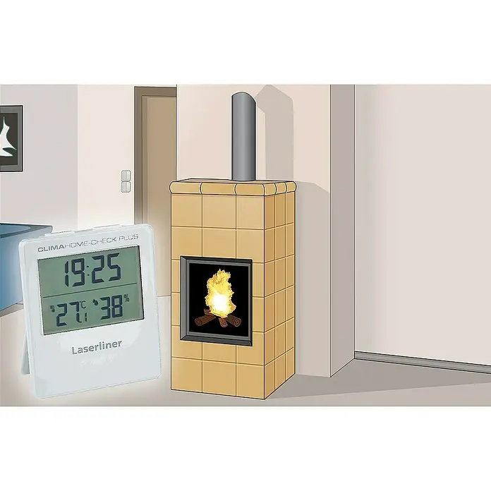 Laserliner Digitales Thermo-Hygrometer ClimaHome-Check Plus - Weiß, Breite: 96 mm - Ein digitales Thermometer von Laserliner zeigt 19:25 Uhr, 27°C und 38% Luftfeuchtigkeit vor einem Kamin.