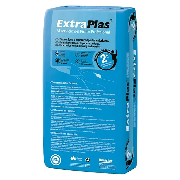 Beissier ExtraPlas Plaste Fachadas - Blanco, 20 kg - Imagen del producto de un saco azul de yeso Extra Plas para fachadas, ideal para alisar y reparar superficies exteriores.
