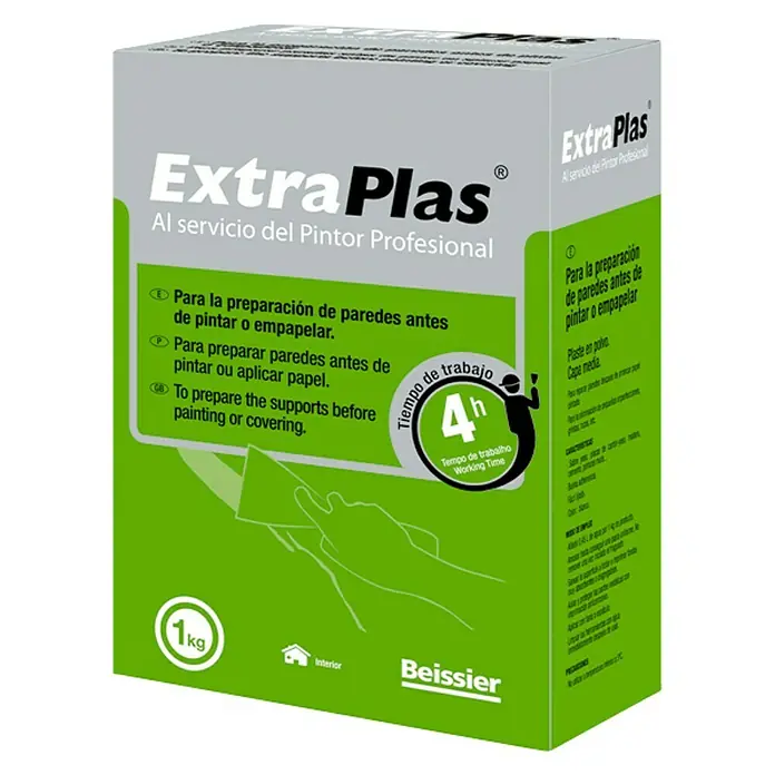 Beissier ExtraPlas Plaste Interiores - Blanco, 1 kg - Imagen de un paquete de 1 kg de masilla para paredes ExtraPlas para preparar las paredes antes de pintar o empapelar, ideal para pintores profesionales.